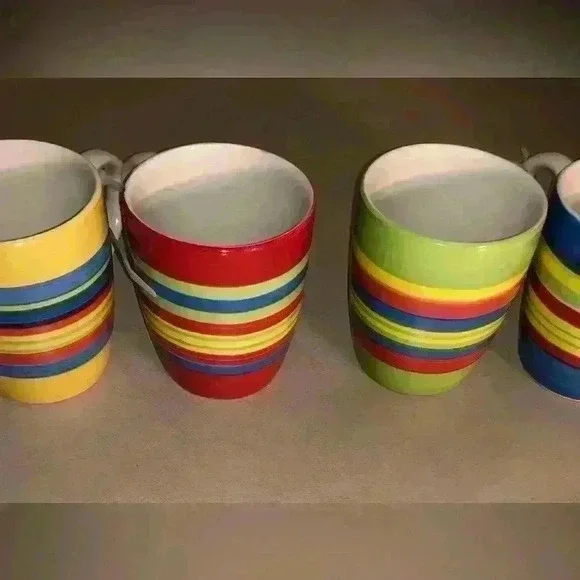 Brylane Home Kitchen Santa Fe Ceramic Coffee Mug Striped Stoneware Set of 4 - Picture 3 of 6